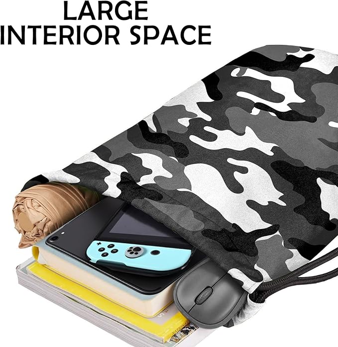 Drawstring Backpack for String Bag Waterproof Cute Sports Beach Swimming Travel (13"×17")-Black Camouflage