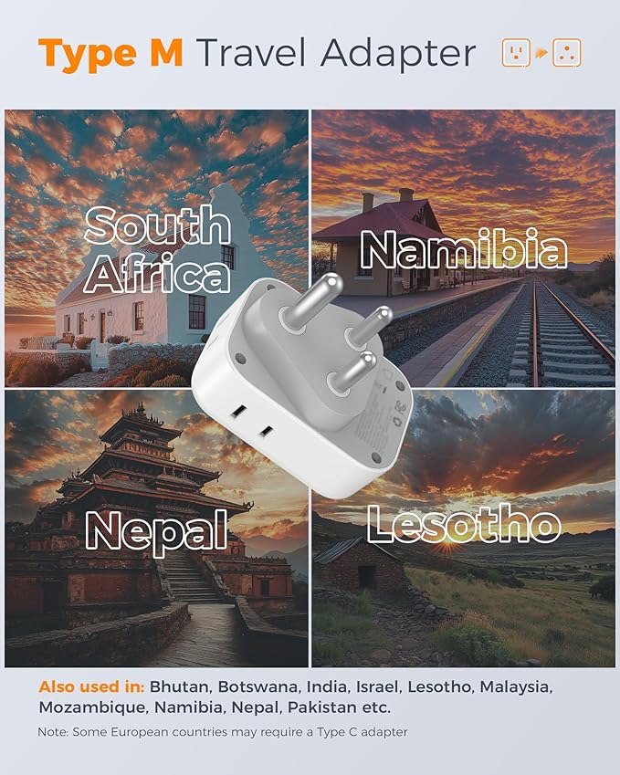 Type M Adapter for South Africa Plug 2 Pack, TESSAN South Africa Power Adapter with 4 AC Outlets 3 USB Ports(1 USB C PD 20W), Travel Adaptor US to Botswana Namibia Nepal Bhutan