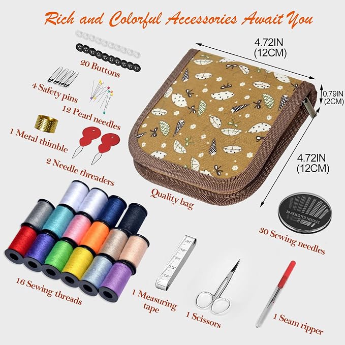 Sewing Kit Gifts for Grandma, Mom, Friend, Traveler, Adults, Beginner, Emergency,Sewing Supplies Accessories with Scissors,Sewing Needles Thimble, Thread etc(Wildflower Umbrella Orange, S)