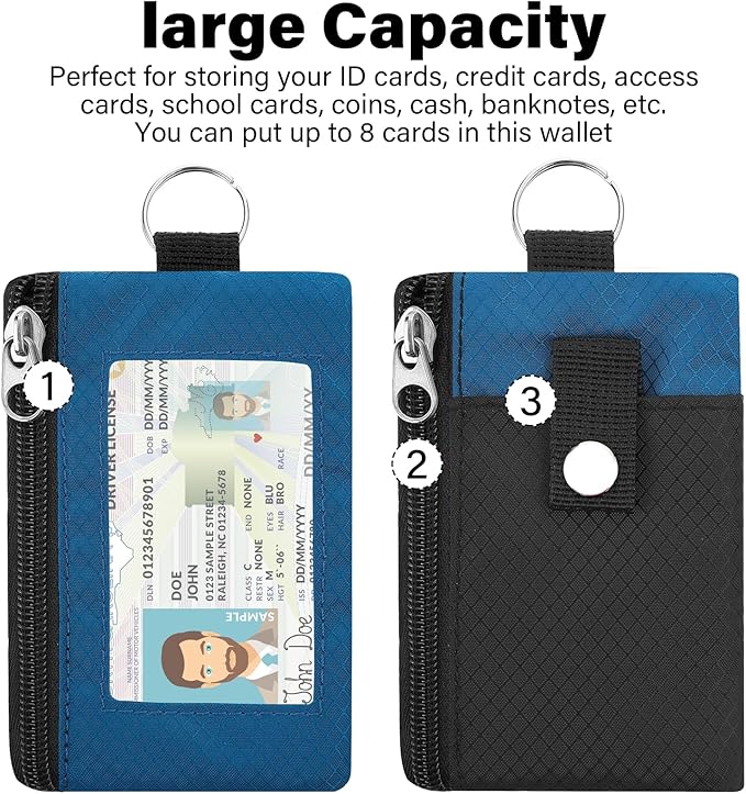 Minimalist Small Wallet for Men Women with 2 Zip Pockets, Multi Functional ID Case with Keychain and Card Holder, Coin Purse Badge Lanyard Pouch for Boys Girls Travel -Black+Blue
