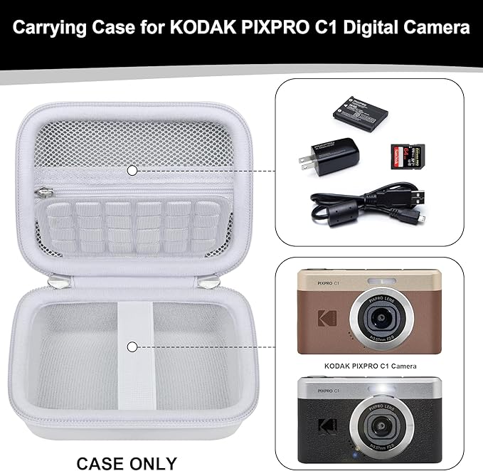 RAIALL Carrying Case for KODAK PIXPRO C1 Friendly Zoom Digital Camera, Point and Shoot Vlogging Camera Hard Travel Bag, Mesh Pocket for Charging Adapter, SD Card, USB Cable and Batteries, White