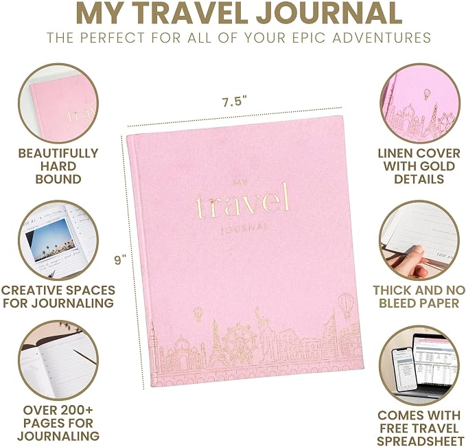 Inspired Ink Travel Journal for Women and Men Travel Bucket List Journal 210 Pages Traveler Adventure Notebook – Itinerary Planner Organizer & Traveling Memory Diary Memorial Gift for Travelers - Pink