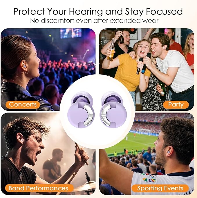 Adjustable Ear Plugs - 3 Noise Cancelling Modes for Concerts, Work, Travel & More, Reusable Hearing Protection with 4 Sizes (XS/S/M/L), Comfortable Ear Plugs for Noise Reduction, Purple Silver