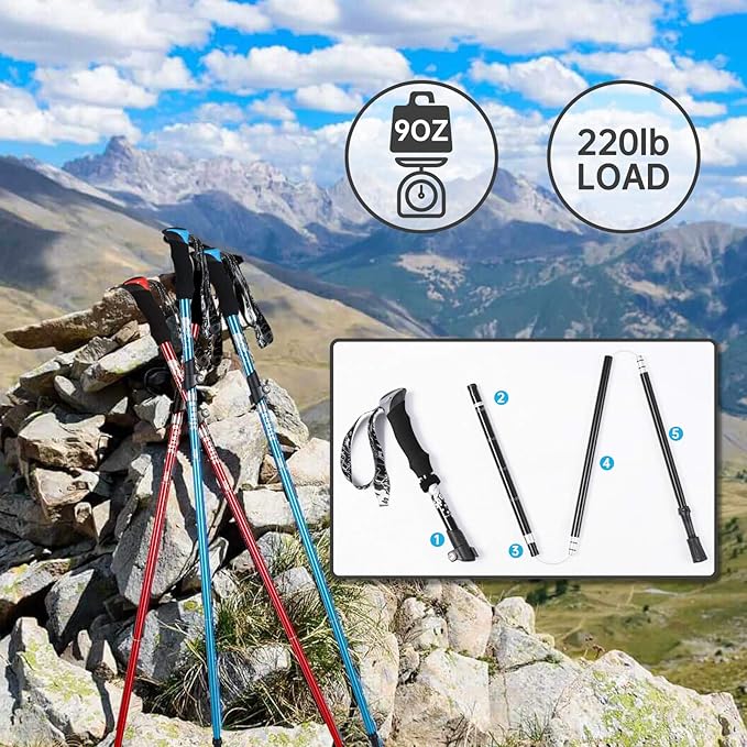 Trekking Poles Collapsible Hiking Poles - Lightweight Aircraft-Grade Aluminum Adjustable Hiking Sticks with Quick Lock System, Ultralight Walking Sticks for Women, Men & Seniors