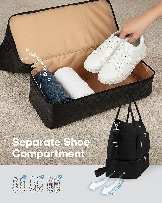 HOTOR Travel Duffle Bag for Women - Carry on Bag with Toiletry Pouch & Shoe Compartment, Large Overnight Weekender Bags for Gym, Business Trips, Sports and Hospital, Black, 17.3" x 7.9" x 13.4"