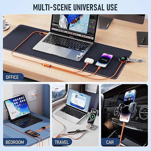 Travel Essentials 3 in 2 Multi Charging Cable 100W USB A/C to Dual USB C/for Apple Watch Charging Cable Silicone Fast Charge Compatible with iPhone 17-15 Series iPad MacBook, Type-C Devices 5FT-Orange