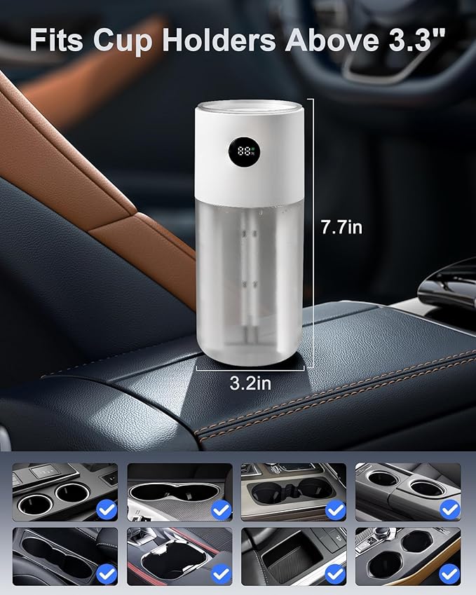 2025 Digital Display Car Humidifier, 3000mAh Portable Mini Rechargeable Humidifier for Car Travel Office Desktop Baby Kids Bedroom - Powerful Dual Spray Timer Setting 20dB Quiet Night Light