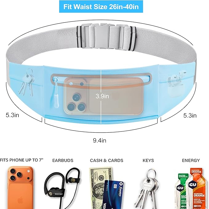 Slim Running Belt for Men Women - No-Bounce Phone Holder Waist Pack, Runners Fanny Pack with Sweat-Proof Pocket ，Travel Money Pouch for Gym/Hiking/Cycling (Light Blue)