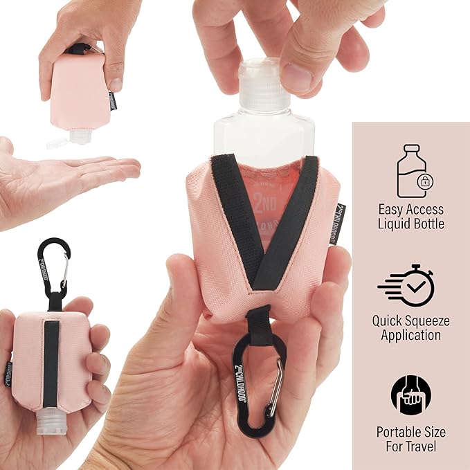 2nd Childhood Travel Hand Sanitizer Keychain – Small Refillable 2 oz Bottle with Clip-On Holder – Portable Sanitizer Case for Purse, Backpack, Gym Bag