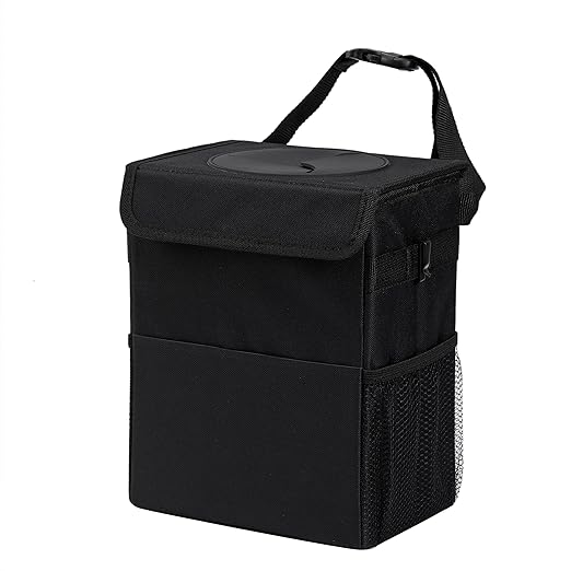 AOKJOY Car Garbage can with lid Leak Proof Vehicle Trash Can 3 Storage Pockets Hanging Waterproof car Trash Bag for SUV Black