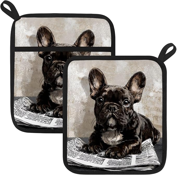 French Bulldog Dog Pot Holders with Pockets 2 PCS, Heat Resistant Oven Mitts Hot Pads for Kitchen Baking Cooking, Square Thick Pot Holders Kitchen Hot Potholders, 8.5x10 Inches
