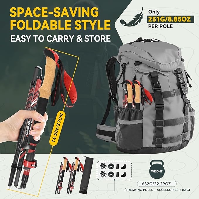 Clostnature Collapsible Trekking Poles for Hiking – Carbon Fiber Folding Hiking Poles, Telescopic Lightweight Trekking Sticks for Women, Men, Seniors, Retractable Nordic Walking Sticks for Climbing