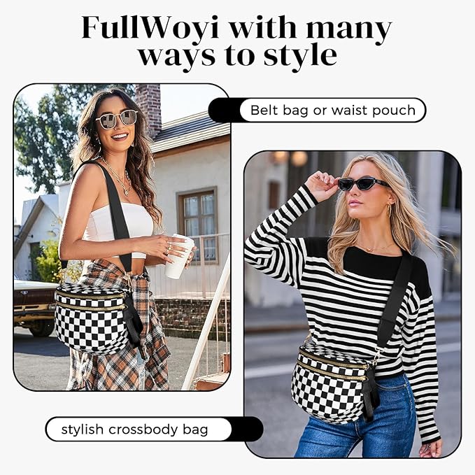 Spacious Nylon Checkered Crossbody Bum Bag for Women, Fashion Checkerboard Fanny Pack Purse with Anti-theft Pocket, Adjustable Wider Strap Wasit Bag (Black-White)