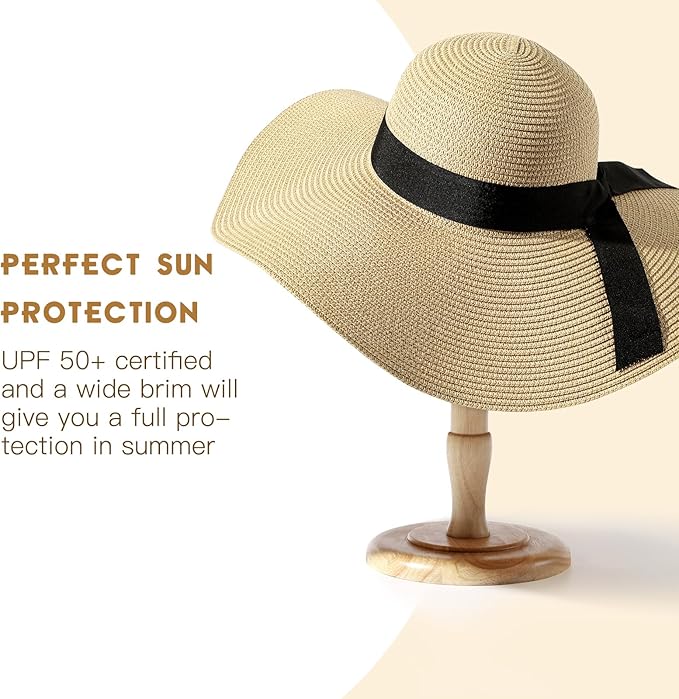 Beach Hat for Women, Wide Brim Sun Straw Hats for Women, Sun Hat Womens UPF 50+ UV Protection, Floppy Foldable Summer Hats