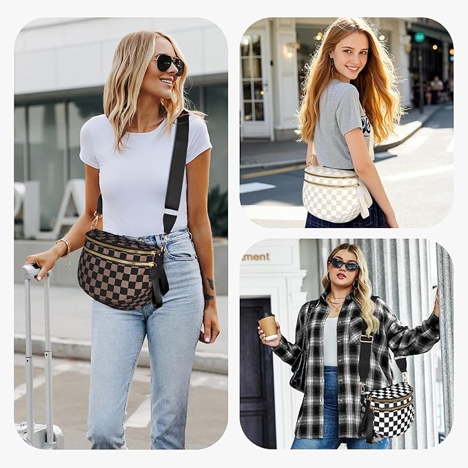 Spacious Nylon Checkered Crossbody Bum Bag for Women, Fashion Checkerboard Fanny Pack Purse with Anti-theft Pocket, Adjustable Wider Strap Wasit Bag (Black-Brown)