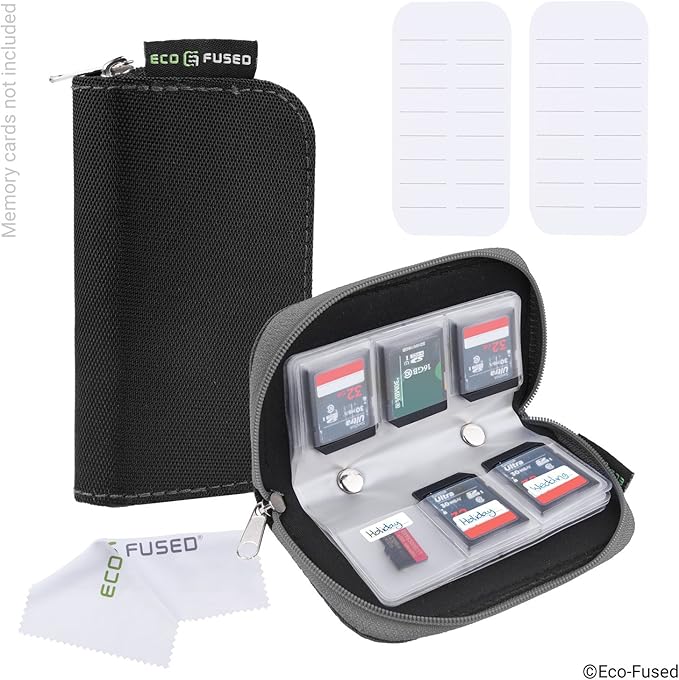 Eco-Fused Memory Card Case - Fits up to 22x SD, SDHC, Micro SD, Mini SD and 4X CF - Holder with 22 Slots (Black & Grey / 22 Slots - 2 Pack)