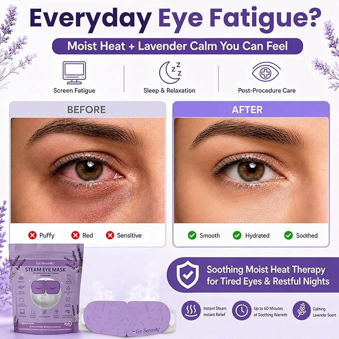 Lure Essentials Steam Eye Mask, Heated Eye Mask, Self Heating Warm Compress for Dry Eyes, Fast Relief for Stye, Puffy Sensitive Eyes, Moist Heat, Relaxation Gifts for Women and Men - Lavender