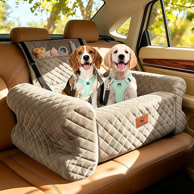 Dog Car Seat for Medium/Large Dogs up to 60 lbs, Memory Foam Dog Booster Seat with Thick Cushion, Pet Car Seat for Back with Detachable Washable Cover, Storage Pockets for SUV, Pick Up, Trunk, Khaki