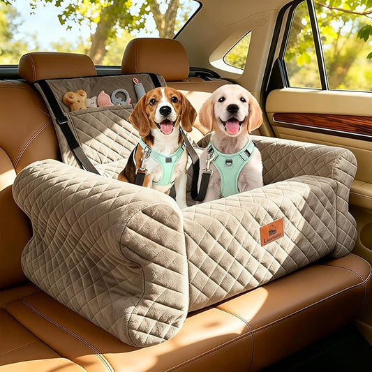 Dog Car Seat for Medium/Large Dogs up to 60 lbs, Memory Foam Dog Booster Seat with Thick Cushion, Pet Car Seat for Back with Detachable Washable Cover, Storage Pockets for SUV, Pick Up, Trunk, Khaki