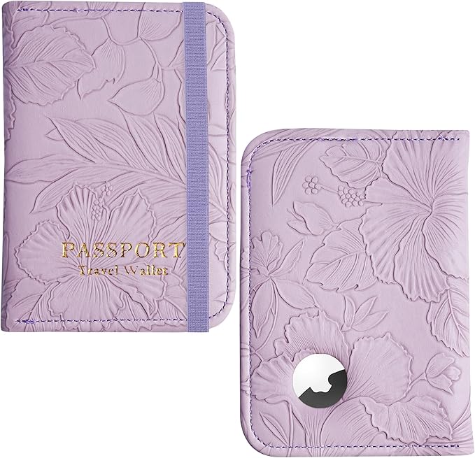 lizimandu Passport Holder with Airtag Slot, Airtag Passport Wallet for Men Women, Slim Leather Passport Holder Case Family for Travel Anti-Lost(1-Carved Purple)