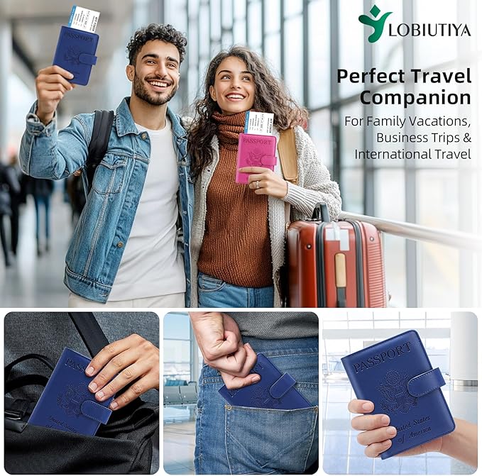 Passport Holder For Travel with Slot for AirTag & Luggage Tag Cover – RFID Blocking Travel Passport Wallet for Women/Men/Family | PU Leather Passport Case with Extra Money Pocket, Blue