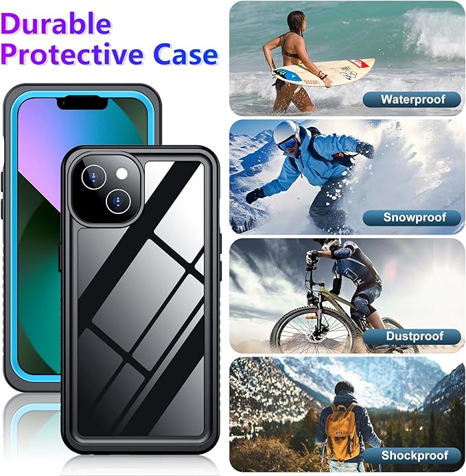 Compatible with iPhone 13 Case Waterproof, Built-in Screen & Camera Protector IP68 Underwater Full Body 13FT Military Dropproof Shockproof Phone Case 6.1"-Blue/Clear