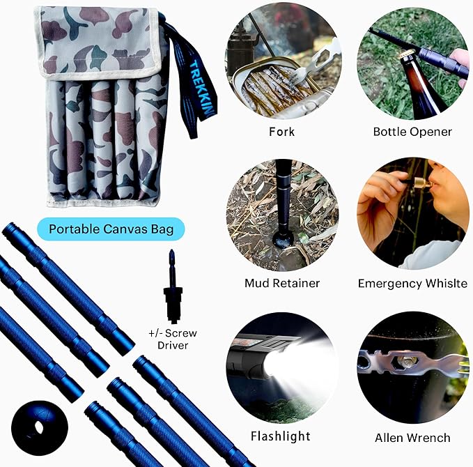 Versatile Trekking Pole with Accessories - Ideal for Hiking with Excellent Foam Grip Lightweight, Durable Tungsten Carbon Tip. Adjustable Length, Collapsible, Internal Storage, Canvas Carry Bag