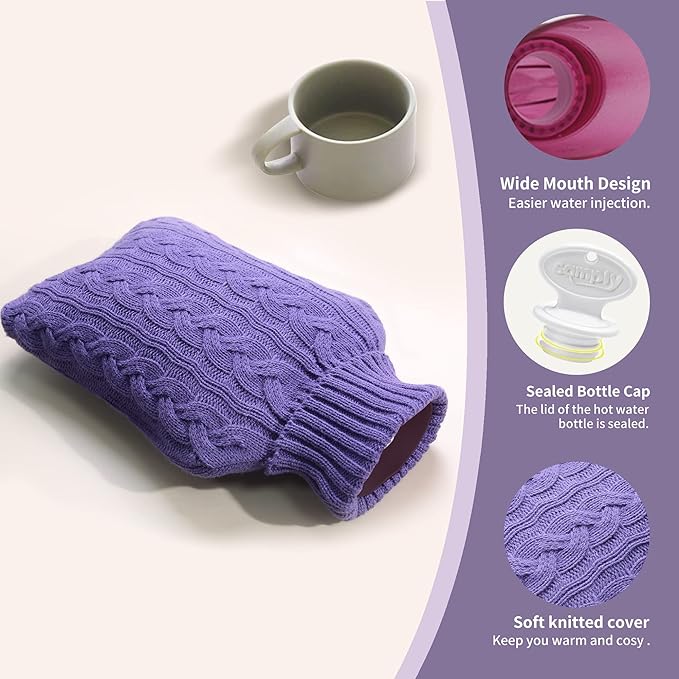 samply Hot Water Bottle with Knitted Cover, 2L Hot Water Bag for Hot and Cold Compress, Hand Feet Warmer, Ideal for Menstrual Cramps, Neck and Shoulder, Purple