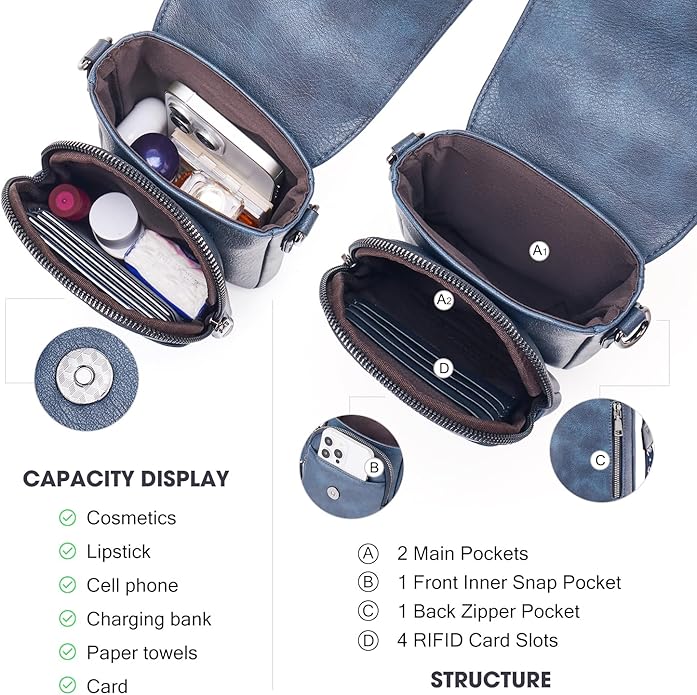 POIUGOYA Crossbody Bags for Women,Small Crossbody Purse with Triple Compartments,Cell Phone Wallet with Card Slots for Travel | Small