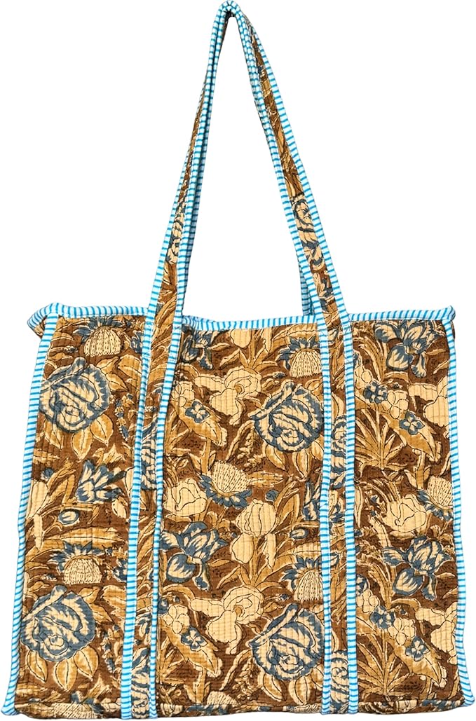 ATOSII Women Handblock Print Quilted 100% Cotton Floral Large Shoulder Tote Bag with Pocket, Zipper for Work, Beach & Travel