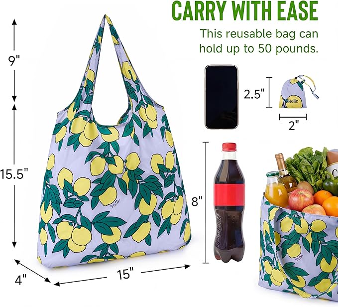 Stelle Lightweight Reusable Grocery Bag with Handles Ripstop Nylon Foldable Tote Shopping Bags for Travel and Groceries