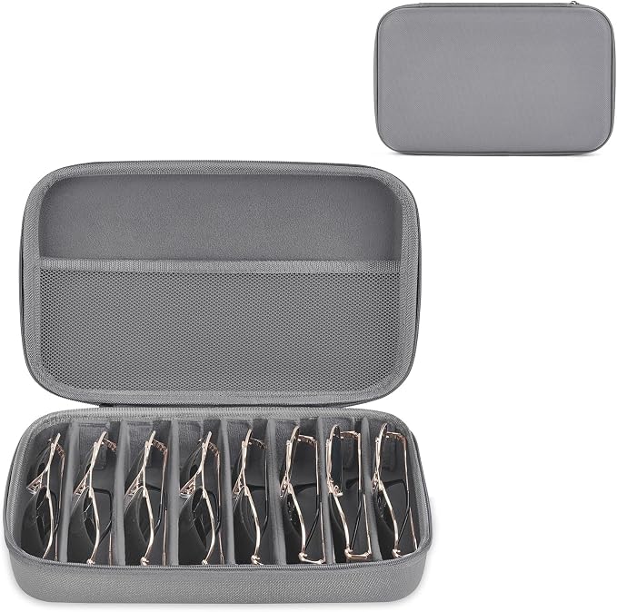 Mkono Travel Sunglasses Organizer Glasses Case Multiple Pairs with Adjustable Slots Eyeglasses Case Storage Box for Men (8 Slots, Gray)