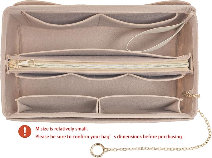 Purse Organizer Insert, Handbag Organizer with Zipper, Tote Shaper with Cup Holder & Keychain, Compatible with LV, Neverfull, MK, COACH, Longchamp, Kate Spade – Khaki-Med