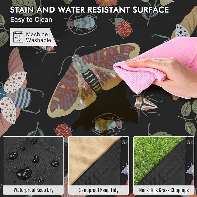 Insect Picnic Blankets Waterproof Foldable, 80″X80″ Extra Large Picnic Mat Boho Outdoor Blanket for Grass, Cute Packable Beach Blanket Sandproof Picnic Accessories for Camping Music Festival Park Lawn