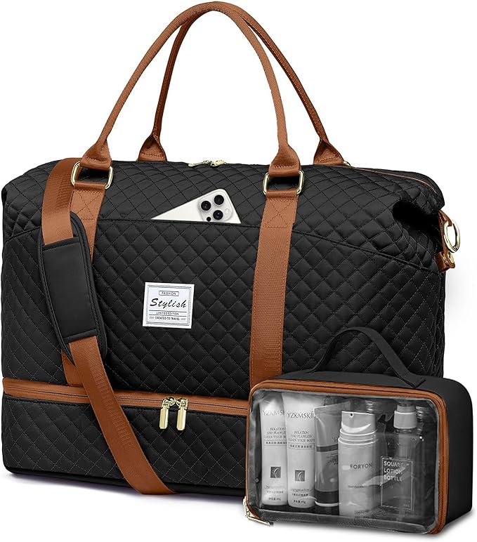 Travel Duffle for Women Weekender Bags - Large Duffel Overnight Bag with Shoe Compartment Carry on Tote Toiletry Weekend Yoga Gym Bags with Wet Pocket Hospital for Labor and Delivery Black Brown