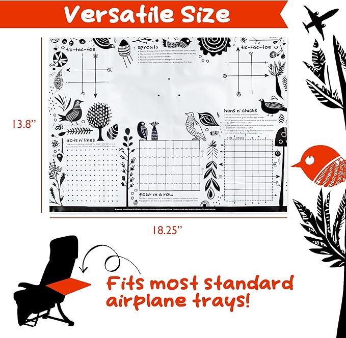 GSM Brands Disposable Airplane Tray Table Cover (Pack of 20) - Double Sided with 12 Games - Opaque White