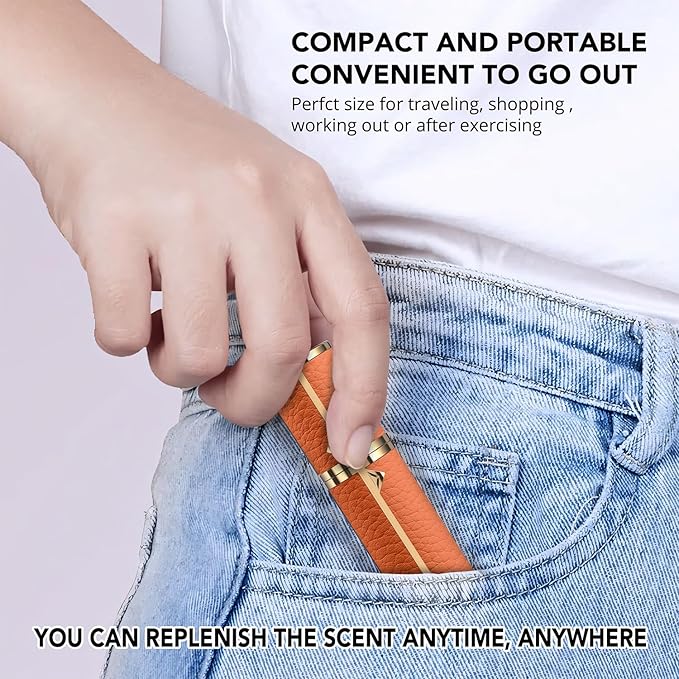 Travel Perfume Refillable Atomizer, 8ML- Mini Genuine Leather Cologne Sprayer, Protable Pocket Size Empty Fragrance Spray Bottle (Orange)