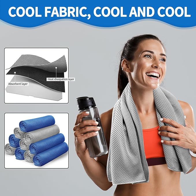 Honoson 10 Pcs Cooling Towel Bulk - Neck & Face Cool Chilly Towels Microfiber Breathable Sport Sweat Rag for Gym, Yoga, Travel, Camping, Running, Outdoor (Grey,Blue)