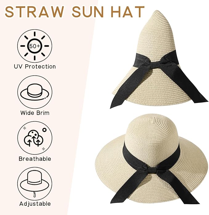 Beach Hat for Women, Wide Brim Sun Straw Hats for Women, Sun Hat Womens UPF 50+ UV Protection, Floppy Foldable Summer Hats