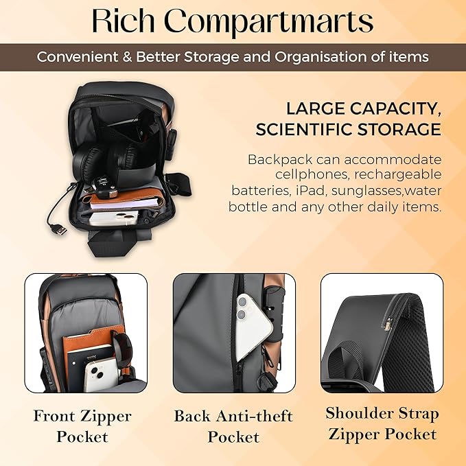 Unisex Anti-Theft Sling Bag with USB Port, Water-Resistant Crossbody Chest Backpack for Travel & Work