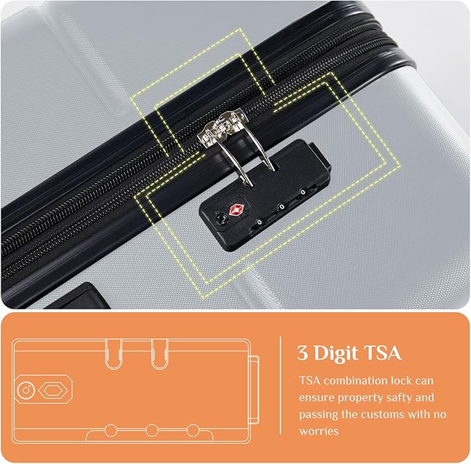Sweetcrispy Carry on Luggage, Hard Shell ABS Suitcase with Double Spinner Wheels, Lightweight Expandable Rolling Suit Case with TSA Lock, 24 Inch Light Grey
