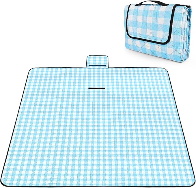 OBTANIM Extra Large Picnic Blanket 80 x 80 Inch Waterproof Foldable Beach Blankets Outdoor Picnic Mat for Camping Grass Lawn Park Music Festival Party Accessories (Blue and White)