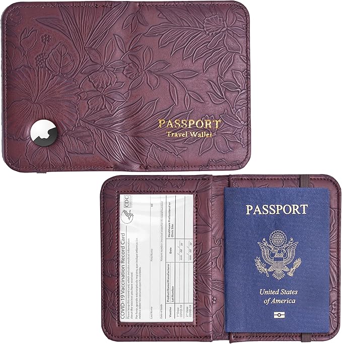 lizimandu Passport Holder with Airtag Slot, Airtag Passport Wallet for Men Women, Slim Leather Passport Holder Case Family for Travel Anti-Lost(1-Carved Dark Brown)