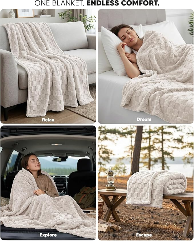 Utopia Bedding Linen Checkered Fleece Throw Blanket for Couch, Sofa, Soft Plush Cozy Blanket for Women and Men Home Decor, Ultra Comfy Travel-Friendly Throws for Relaxation, 50x60 Inches