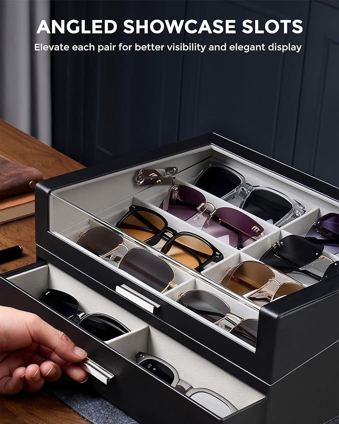 ProCase 16 Slots Sunglasses Box Organizer with L-Shaped Clear Lid, Multiple Pairs Glasses Display Holder Eyewear Eyeglass Eye Glass Storage with Drawer for Men -Black