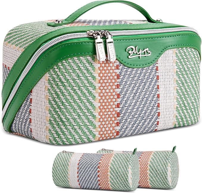 BOYATU Travel Makeup Bag Cosmetic Bag for Women: 3 Pcs Set Make up Bag with Compartments - Waterproof Vegan Leather Toiletry Bags with Handle - Makeup Organizer for Travel Essentials(C-2-Green)