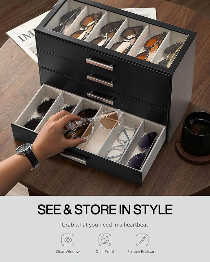 ProCase Sunglasses Organizer Box with Clear Glass Lid, PU Leather Eyeglass Storage Display Case for Men and Women