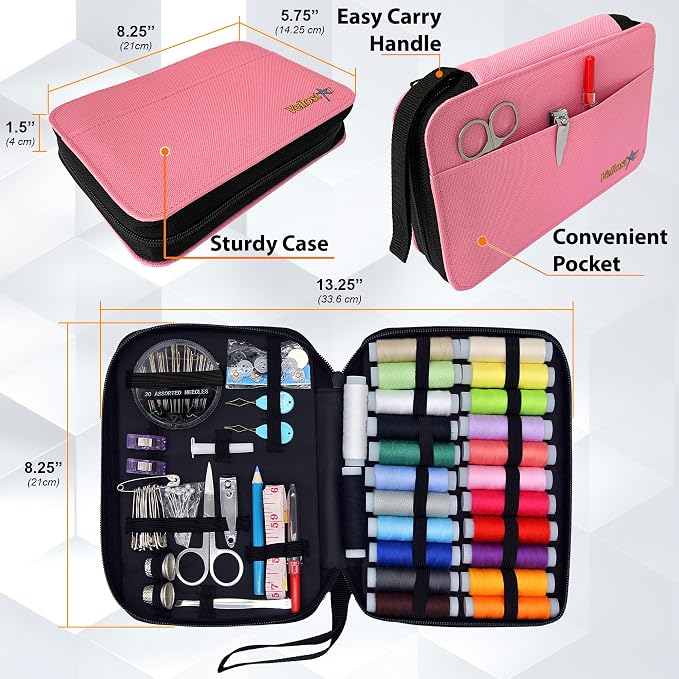 Easy-to-Use Pink Sewing Kit - Christmas Gifts for Girls, Teens, Moms & Kids - Beginner Hand Sewing Kit for Clothing Repairs. Includes 30 Needles, Thread, and All Essential Supplies for Small Fixes