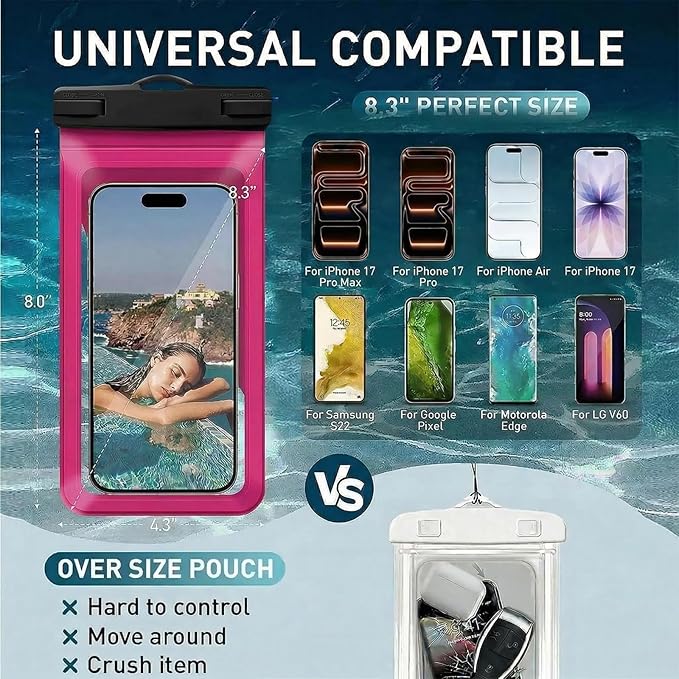 Waterproof Phone Case, with Inside Card Bag, Waterproof Phone Pouch for iPhone, Cell Phone Dry Bag for Cruise Travel Vacation Accessories Large Phone Holder, Transparent Black + Rose Red, 2Pcs
