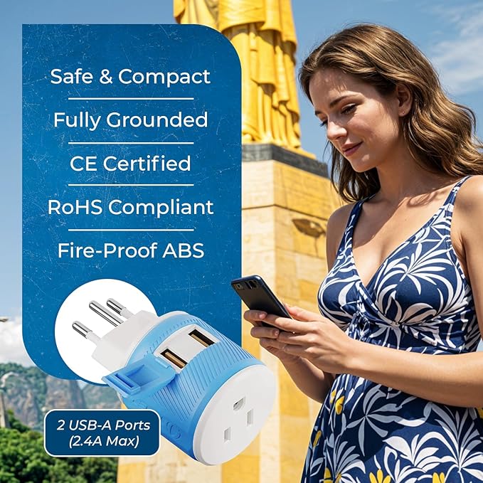 OREI Brazil Travel Plug Adapter with Dual USB - USA Input - Type N (U2U-11C), Will Work with Cell Phones, Camera, Laptop, Tablets, iPad, iPhone and More